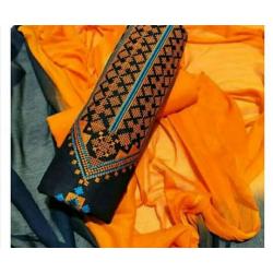 Handloom Cotton Cross Stitch Work Top, Cotton Bottom, Chiffon dupatta 