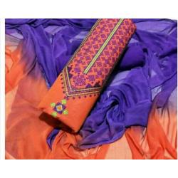 Handloom Cotton Cross Stitch Work Top, Cotton Bottom, Chiffon dupatta 