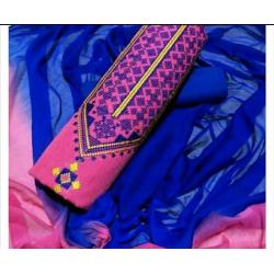 Handloom Cotton Cross Stitch Work Top, Cotton Bottom, Chiffon dupatta 